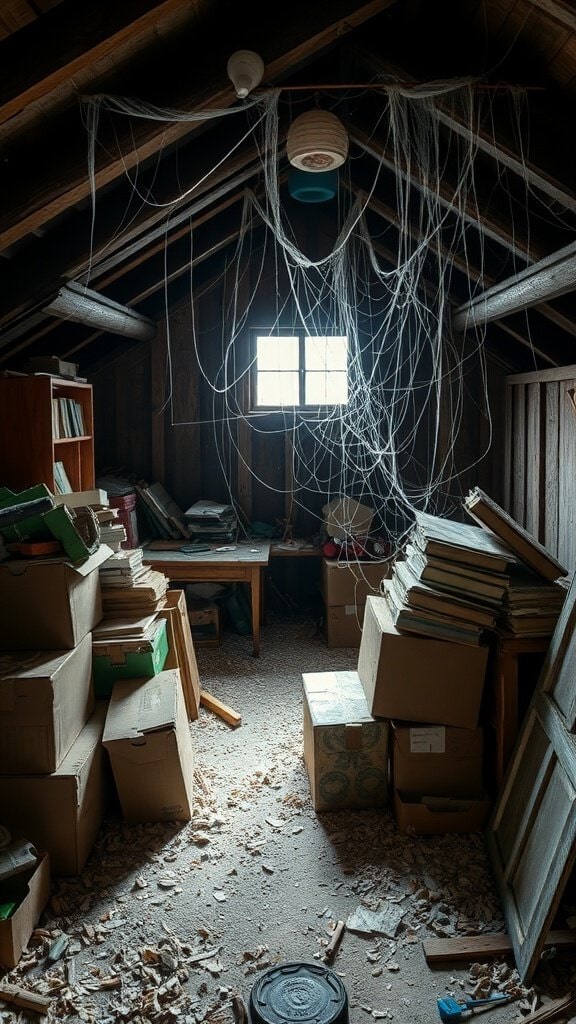 A cluttered attic filled with boxes and dust, showcasing neglected areas that can cause dusty smells.