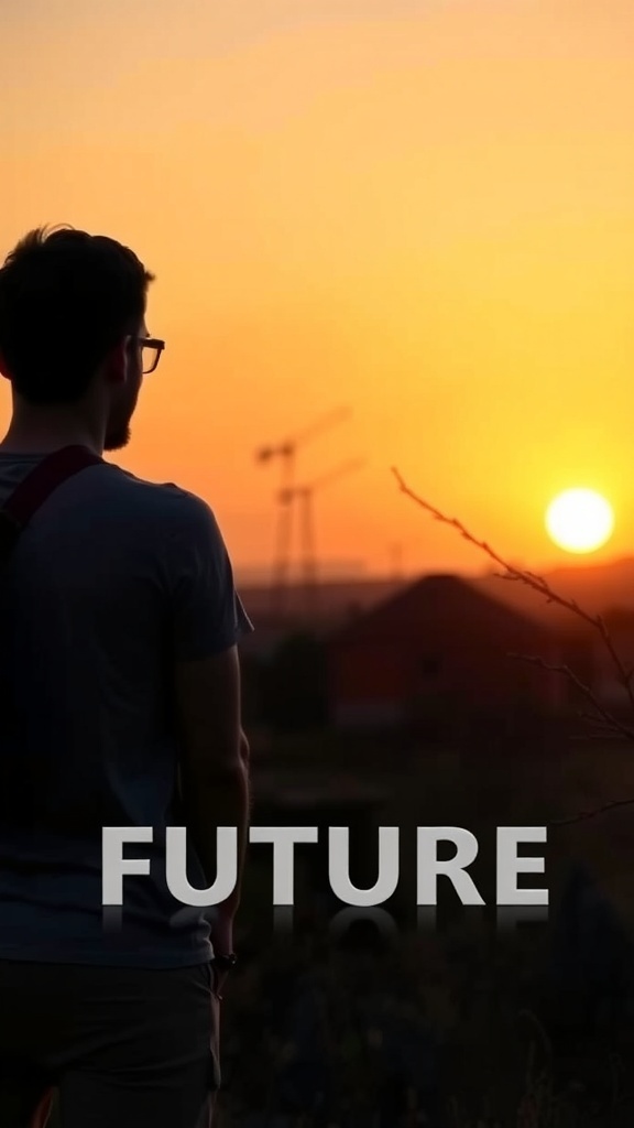 A man looking at a sunset with the word 'FUTURE' overlaying the image.