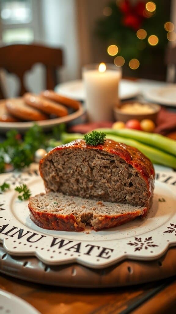 A sliced meatloaf on a decorative plate, showcasing its texture and glaze.