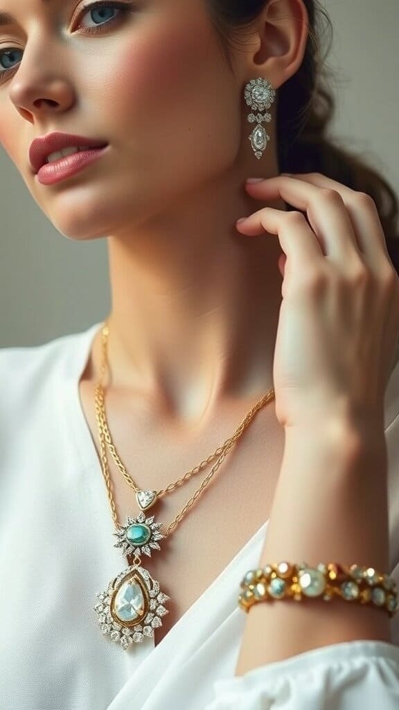 A woman wearing classic jewelry, including layered necklaces and elegant earrings, showcasing old money style.