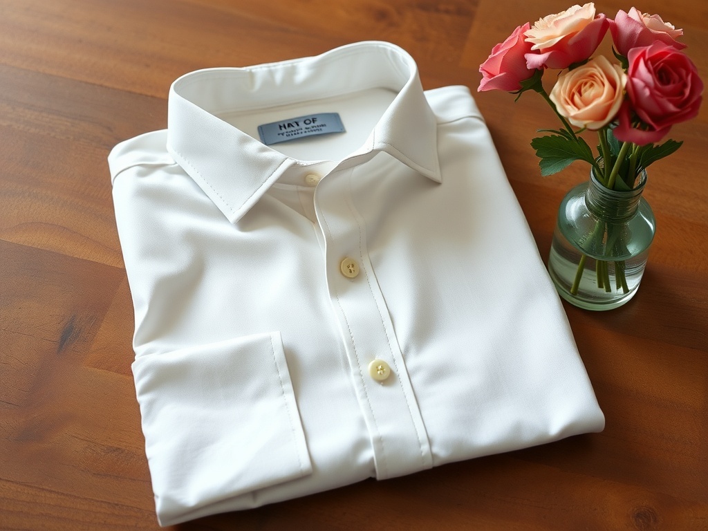 A neatly folded white button-up shirt on a wooden table next to a small vase of roses.