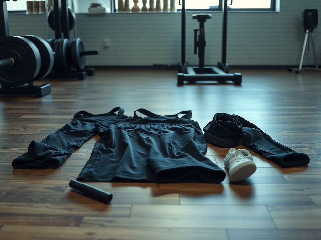 A comfortable workout outfit including a black tank top, leggings, and white sneakers laid out on a wooden floor.