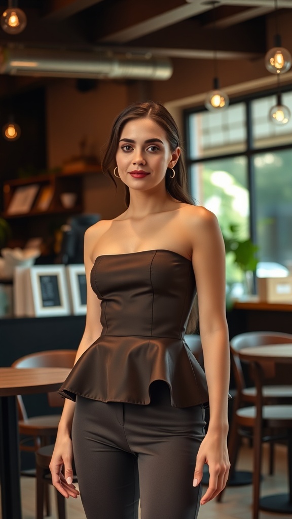 A model wearing a black peplum top and fitted pants, showcasing a defined waist.