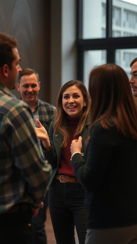 A woman smiling and engaging in conversation with a group of people.