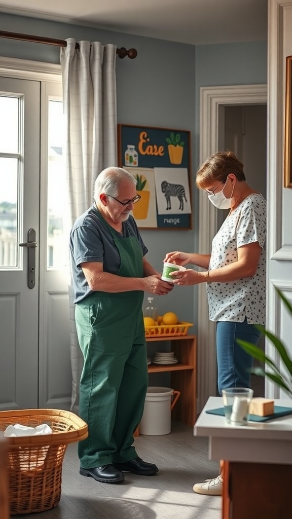 A man in an apron hands something to a woman in a cozy kitchen, symbolizing love and support.