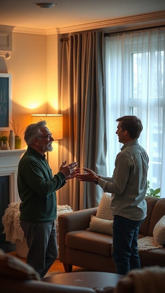 Two men having a warm conversation in a cozy living room.