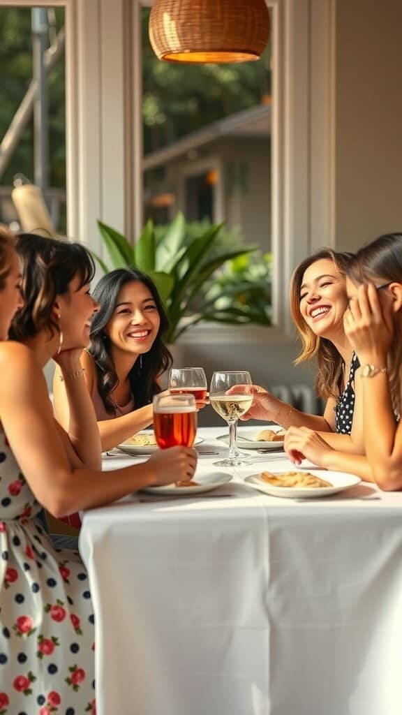 A group of women laughing and enjoying a meal together at a table.