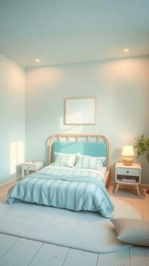 A serene bedroom with light blue walls, a cozy bed, and a plant in the corner.