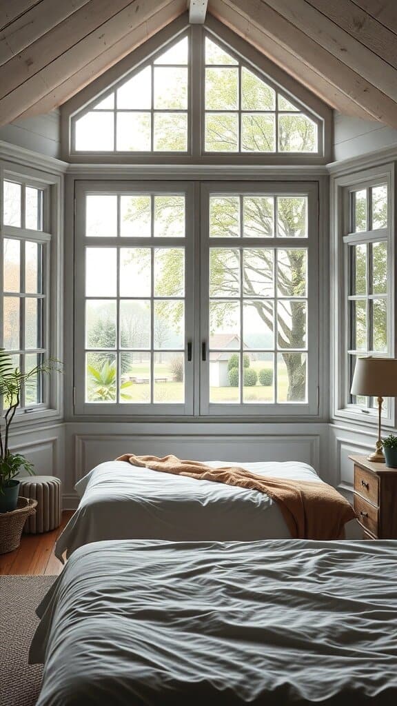 Bright bedroom with large windows showcasing outdoor views