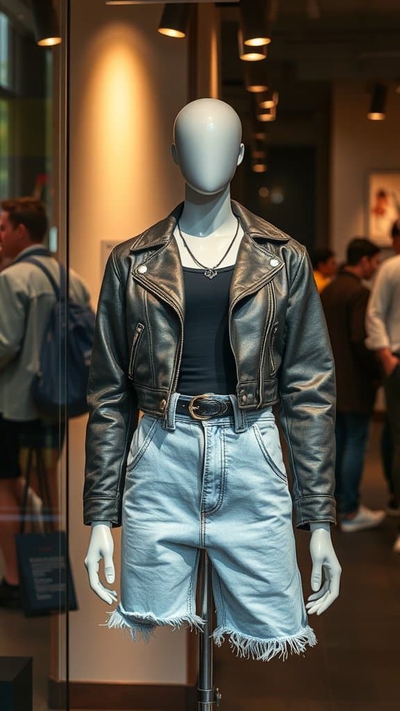 A mannequin displaying a trendy outfit with a cropped leather jacket and high-waisted denim shorts.