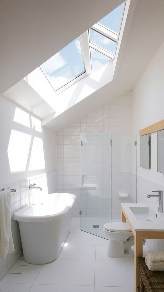 A modern bathroom featuring skylights that allow natural light to flood the space.