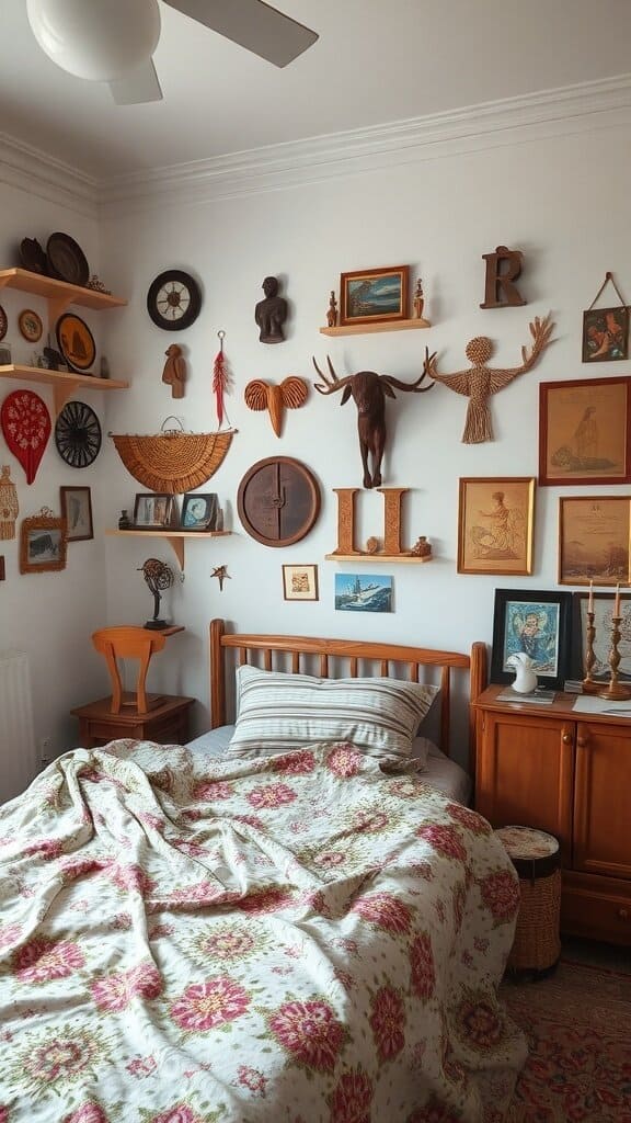 A cozy bedroom featuring a wall decorated with local crafts and handmade art.