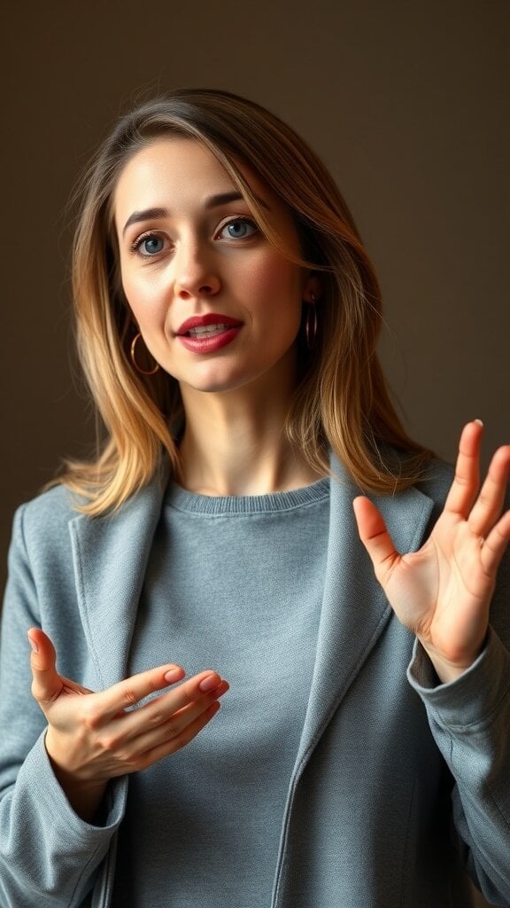 A woman speaking to an audience with expressive hand gestures.