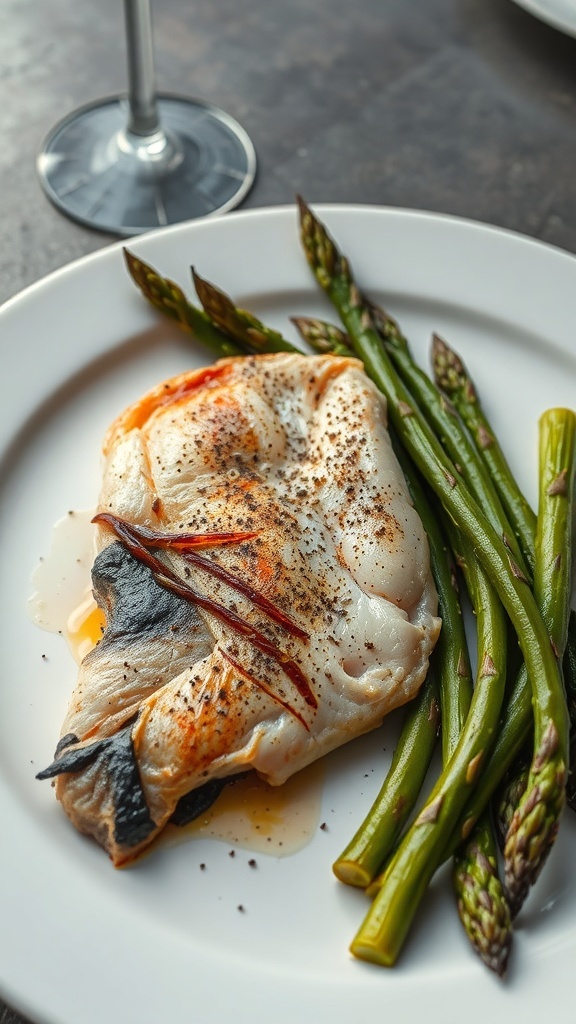 A plate featuring a dry fish fillet and overcooked asparagus.