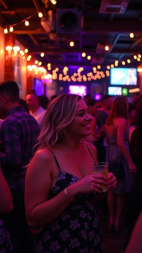 A woman smiling and holding a drink at a lively social gathering with warm lights.