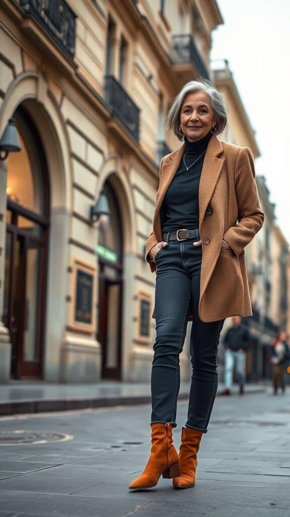 A stylish older woman walking confidently in a tailored outfit and ankle boots on a city street.