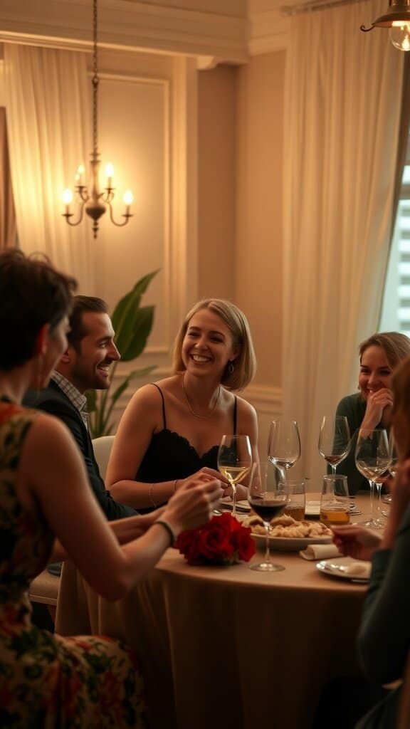 A group of friends laughing and enjoying a meal together, highlighting the importance of humor and playfulness in relationships.