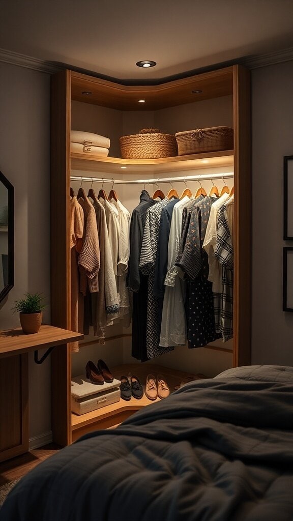 A corner wardrobe with integrated lighting, showcasing organized clothes and accessories in a cozy bedroom setting.