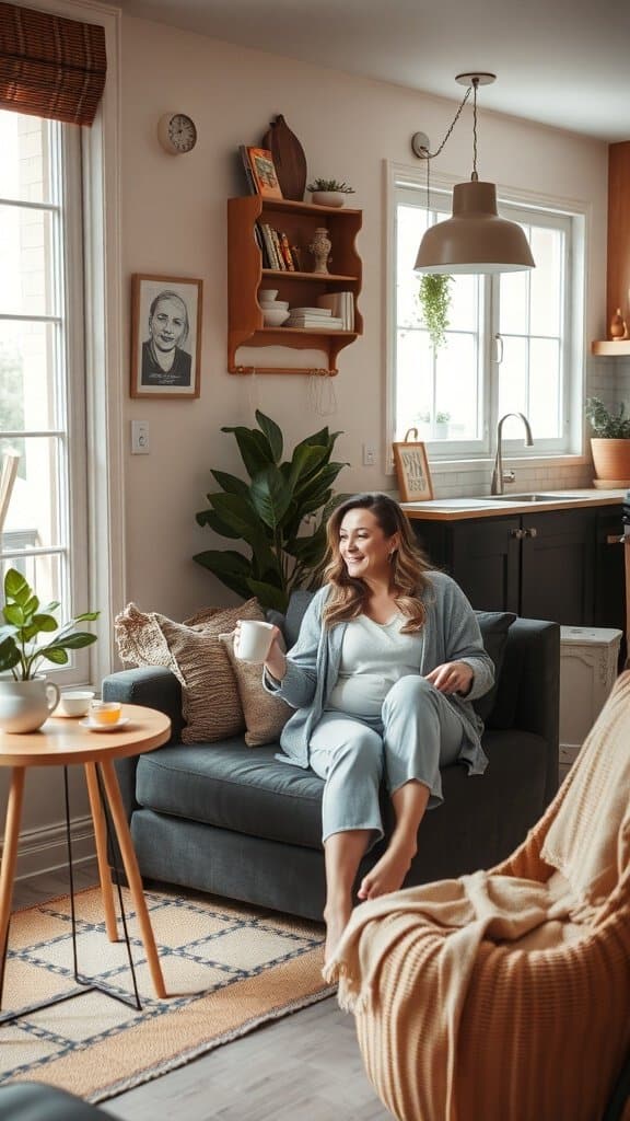 A woman sitting in a comfortable chair in a bright kitchen, enjoying a moment of relaxation.