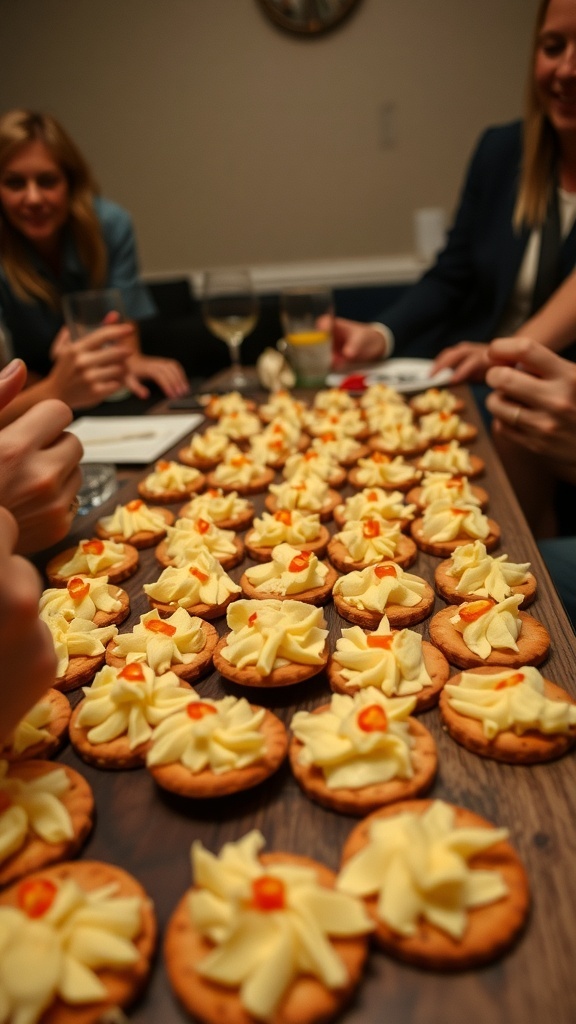 A gathering with a table filled with pimento cheese and other treats, showcasing a social atmosphere.