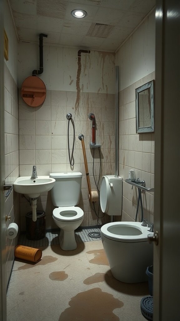 A bathroom with visible plumbing issues, showing stains and signs of water damage.