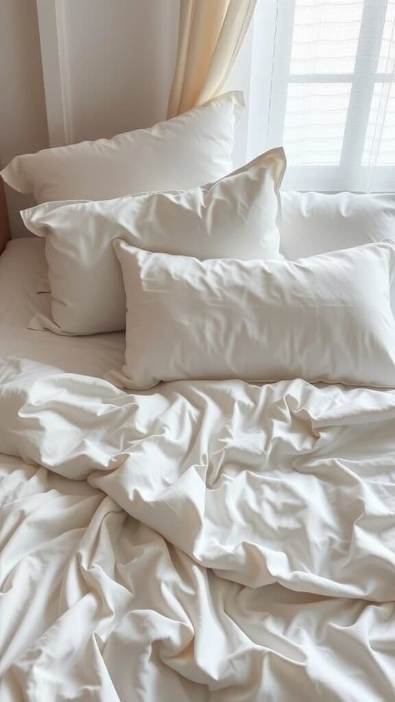 A neatly made bed with white bedding and fluffy pillows, showcasing a cozy and inviting atmosphere.