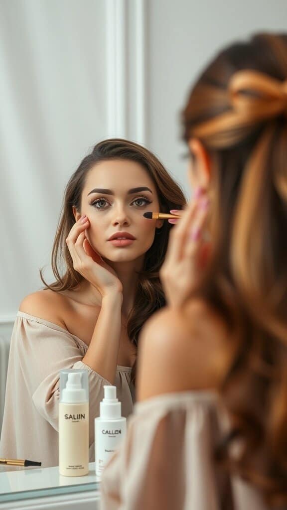 A woman applying makeup in front of a mirror, emphasizing the importance of skincare.