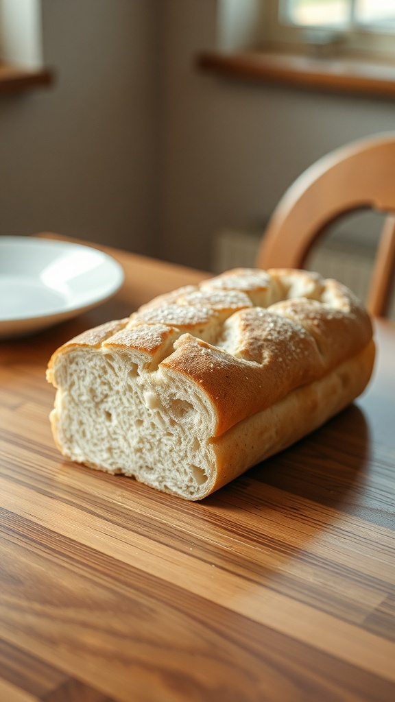 A loaf of garlic bread on a wooden table, ready to be served.