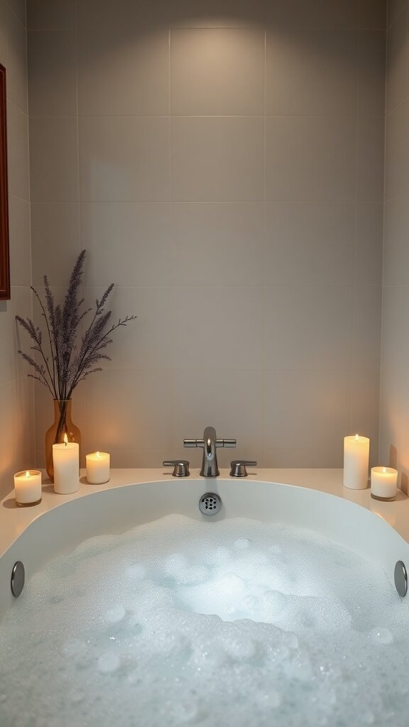 A relaxing soaking tub filled with bubbles, surrounded by candles and soft lighting.