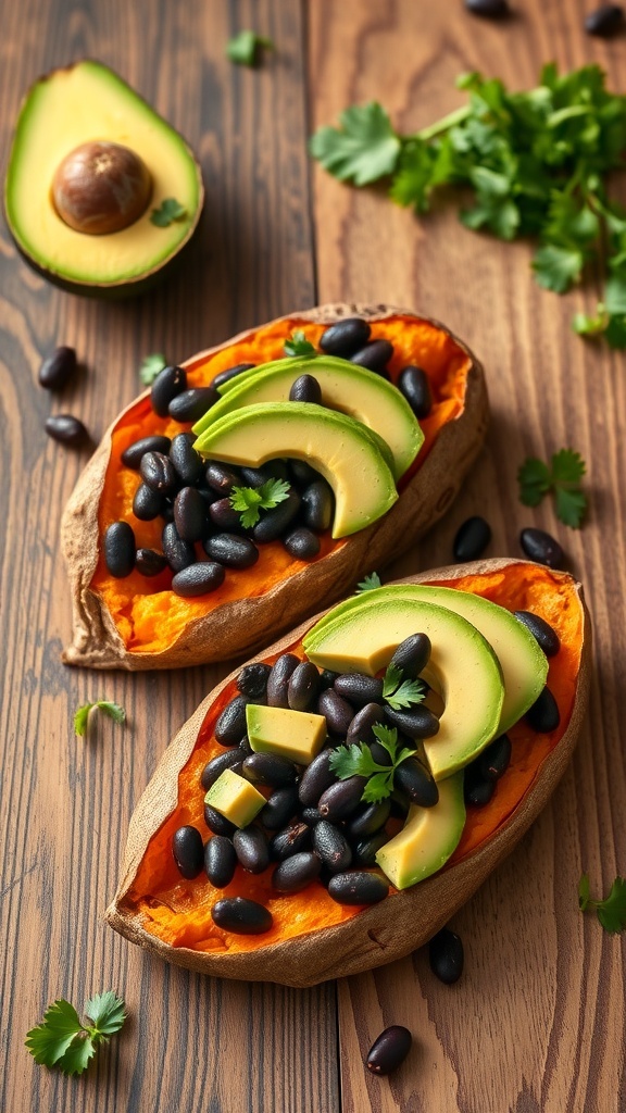 Baked sweet potatoes filled with black beans and topped with avocado slices