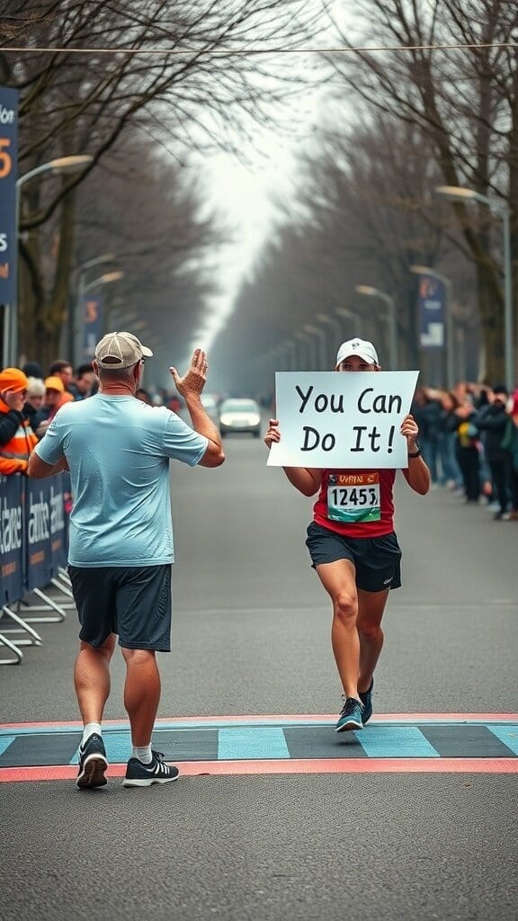 A man cheering on a runner with a sign that says 'You Can Do It!' during a race.