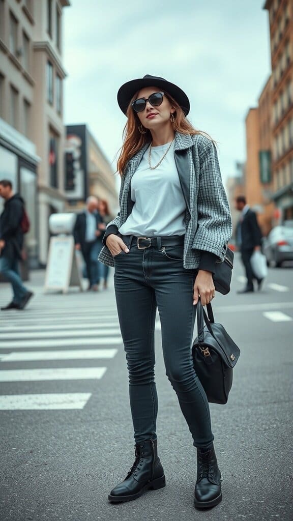 A stylish woman in a city street wearing a white t-shirt, oversized jacket, fitted jeans, sunglasses, and a hat.
