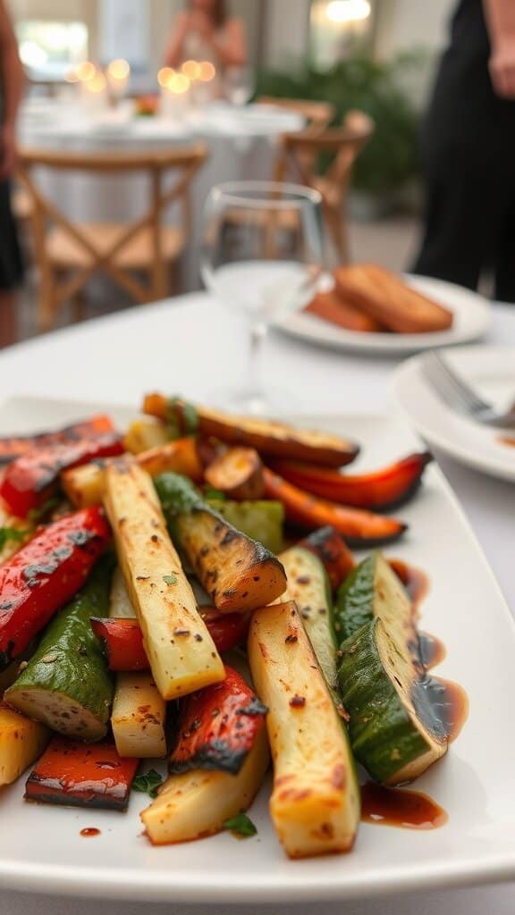 A plate of cold grilled vegetables including zucchini, bell peppers, and eggplant, served at a wedding.