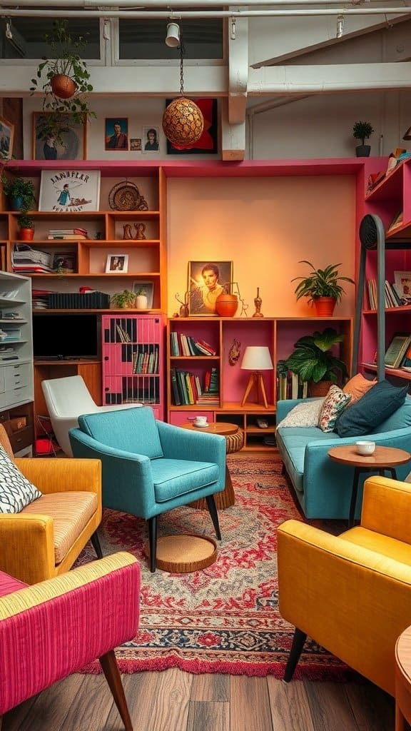 A colorful living room with trendy furniture, showcasing bright chairs and a vibrant decor style.