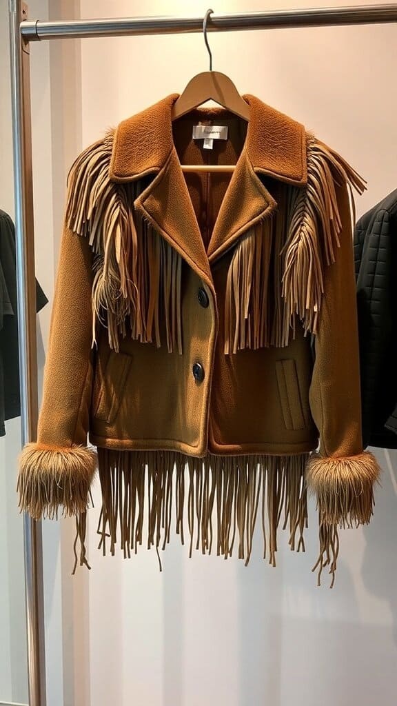 A brown jacket with fringe details hanging on a rack.