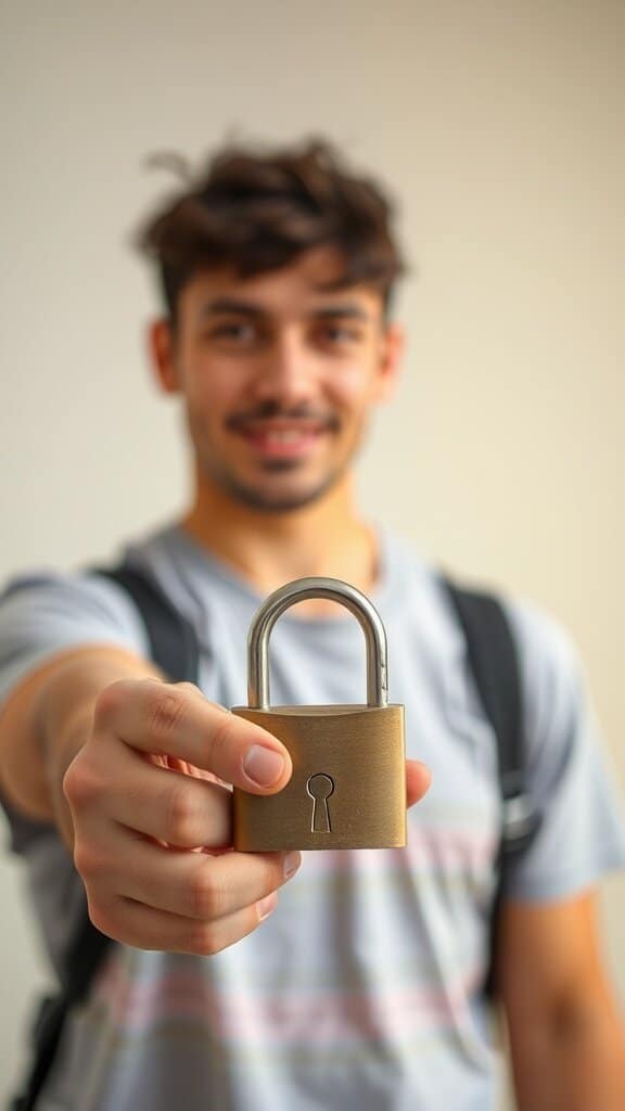 A young man smiling and holding a padlock, symbolizing trust and security.