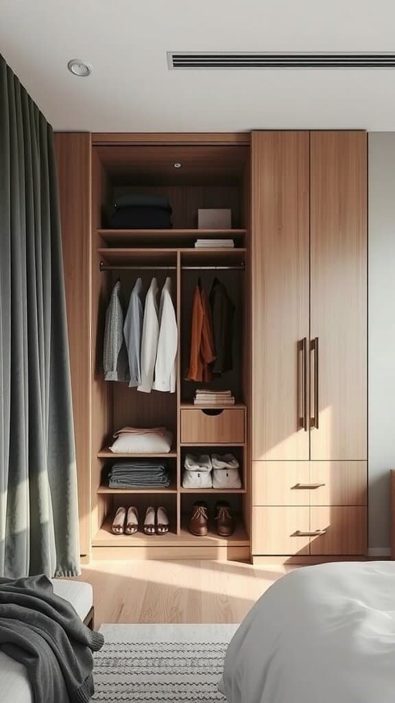 A modern wooden wardrobe with vertical storage solutions, featuring hanging clothes, shelves, and drawers.