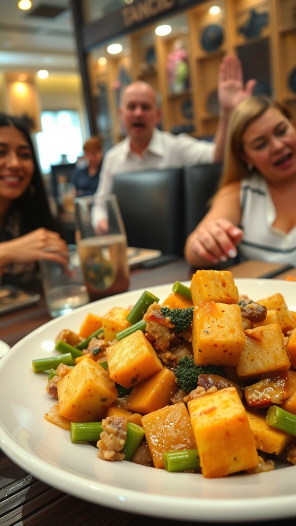 A colorful tofu stir-fry with vegetables on a plate, showcasing the texture of tofu.