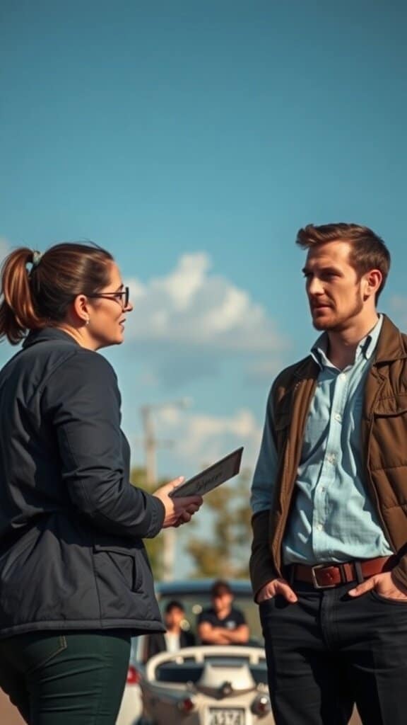 A woman discussing something with a man, both looking engaged in the conversation.
