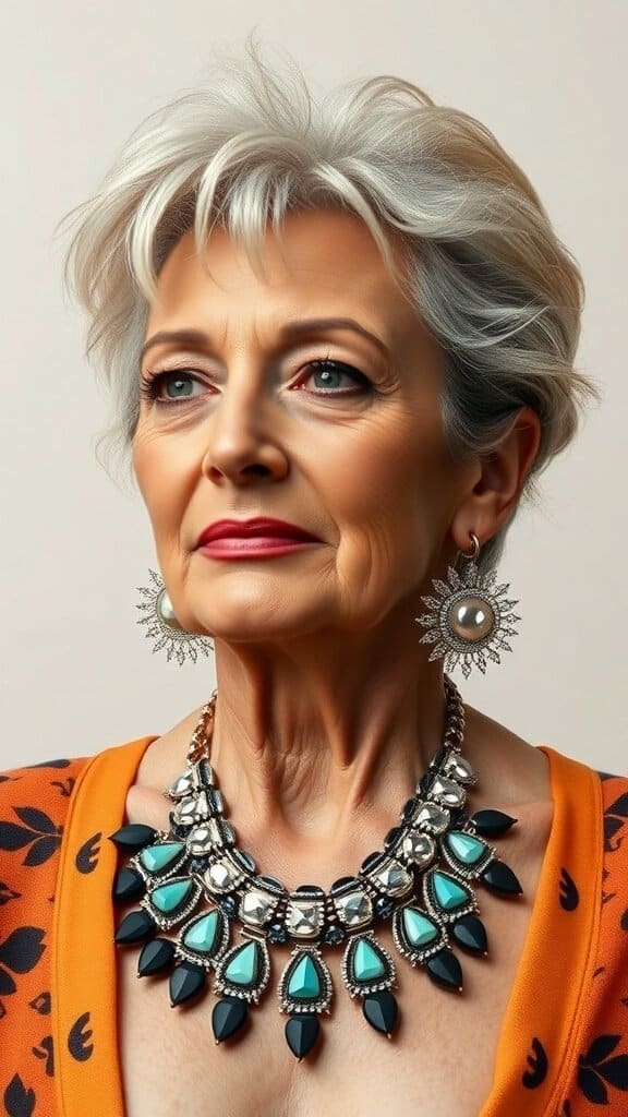 A stylish older woman wearing a bold necklace and earrings, showcasing vibrant accessories.
