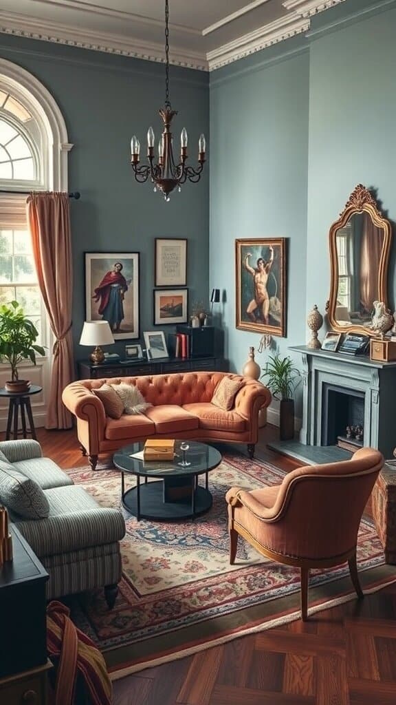 A stylish living room featuring an orange sofa, elegant chairs, and decorative art on the walls.