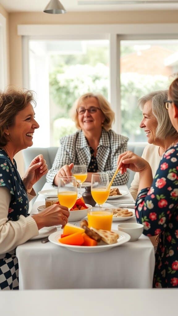A group of women laughing and enjoying a meal together, showcasing strong social connections.