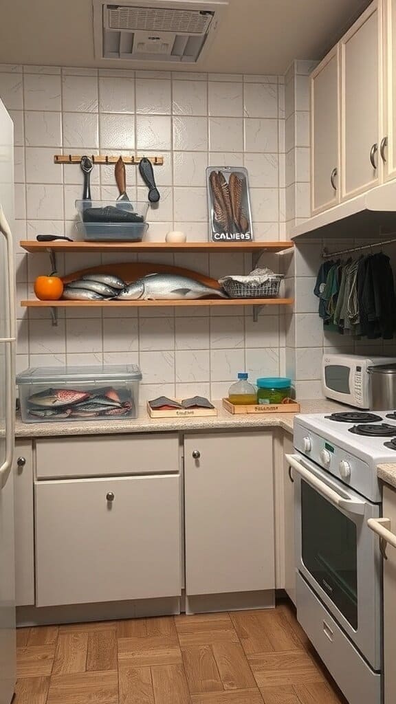 A kitchen with various fish displayed on shelves and in containers, illustrating the importance of proper food storage to avoid bad smells.