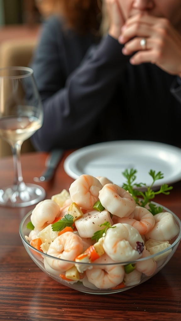 A bowl of seafood salad with shrimp and vegetables, with a glass of wine in the background.