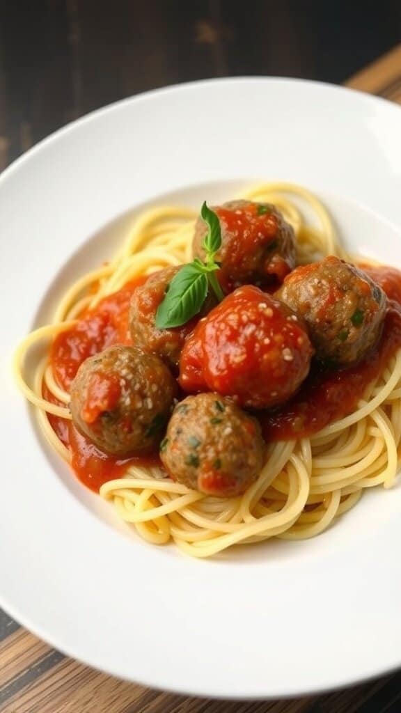 A plate of spaghetti topped with hidden veggie meatballs and tomato sauce, garnished with fresh basil.