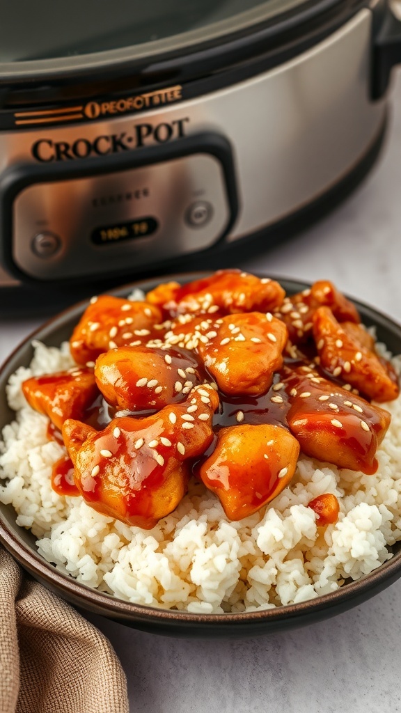 A plate of teriyaki chicken served over rice, garnished with sesame seeds, next to a crockpot.