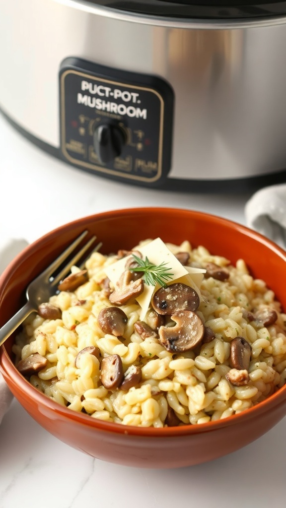 A bowl of creamy mushroom risotto topped with mushrooms and cheese, with a crockpot in the background.