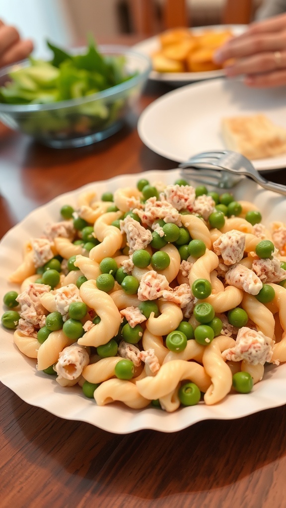 A bowl of Cold Tuna Pasta Salad with Peas, featuring pasta, tuna, and green peas.