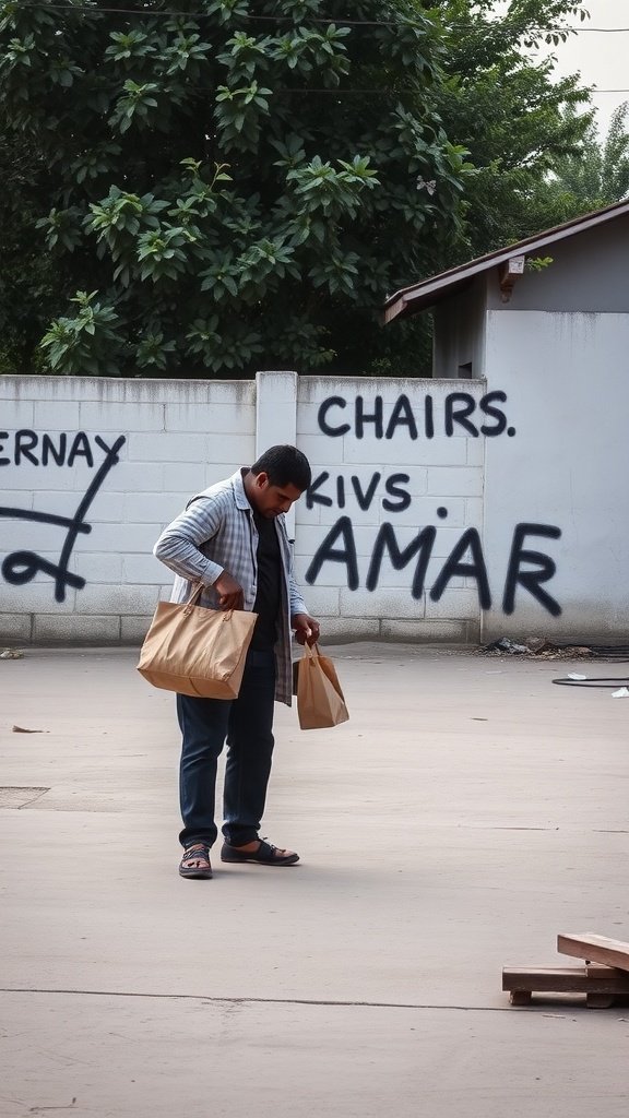 A man holding bags, looking down thoughtfully, with a wall in the background.