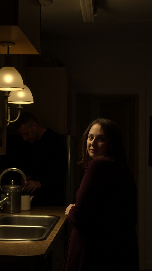 A dimly lit kitchen with a woman looking back at the camera, highlighting inadequate lighting.